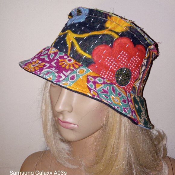 Sunflower Acres Accessories - Kantha & Denim Bucket Hat Reversible Black Dark Green Red Patchwork BHAT14.